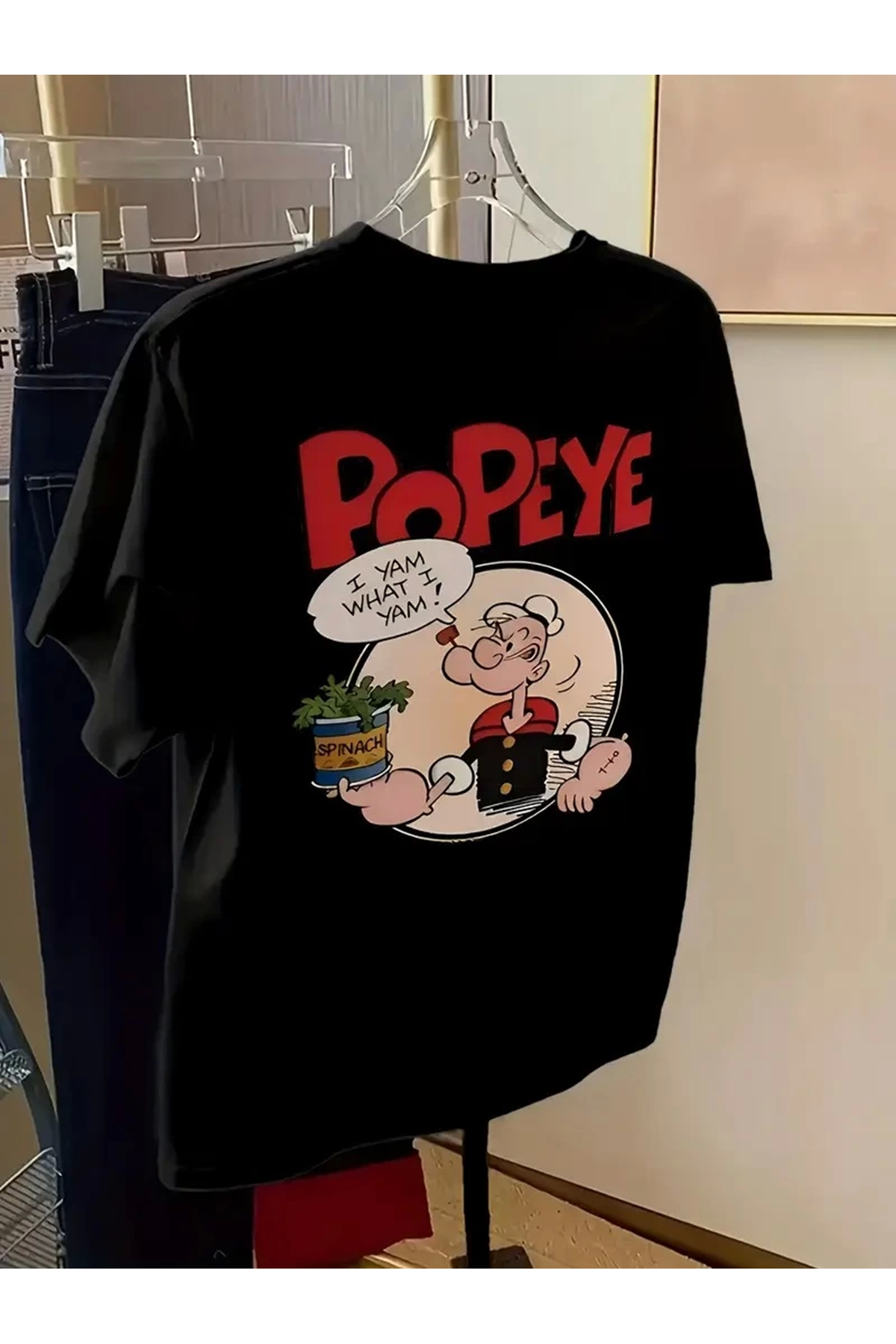 Erkek Oversize Tişörtü  Popeye the Sailor Retro Vintage Ispanak | Hediye olarak idealdir, farklı boyutları mevcuttur. - Siyah