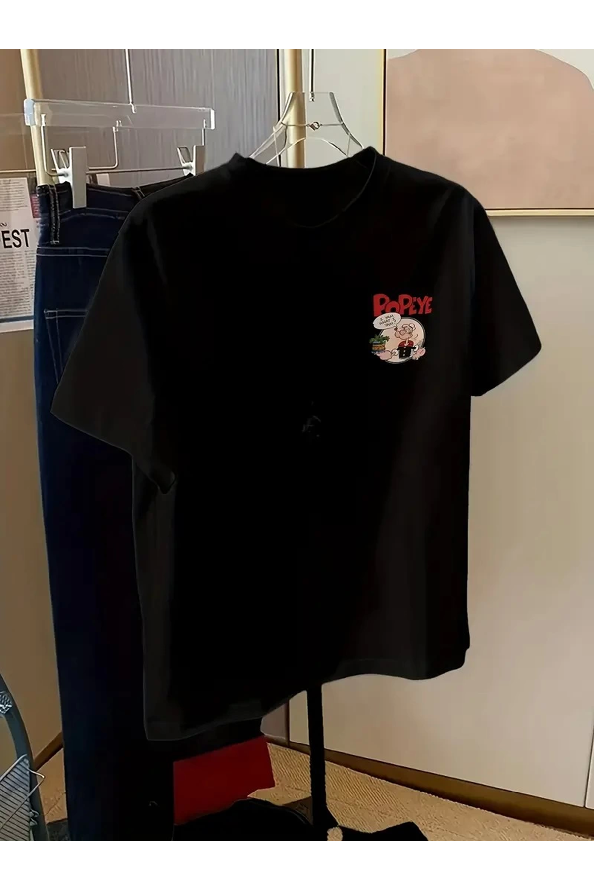 Erkek Oversize Tişörtü  Popeye the Sailor Retro Vintage Ispanak | Hediye olarak idealdir, farklı boyutları mevcuttur. - Siyah