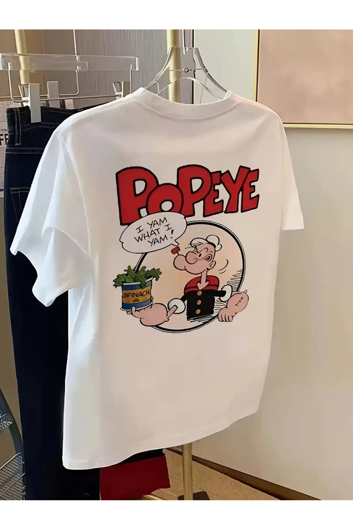 Erkek Oversize Tişörtü  Popeye the Sailor Retro Vintage Ispanak | Hediye olarak idealdir, farklı boyutları mevcuttur. - Beyaz